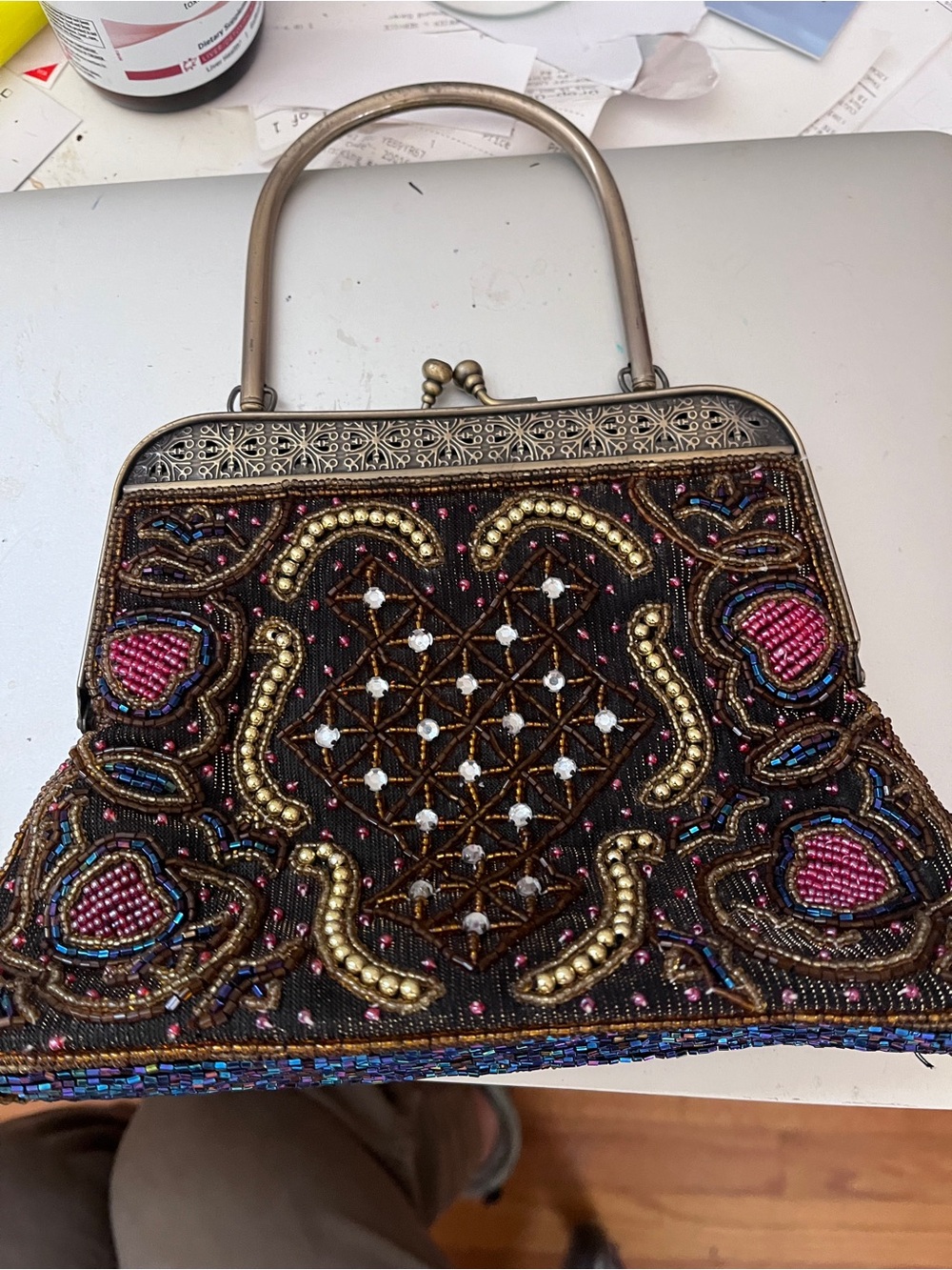 Beaded Black Evening Clutch with Pink and Gold Accents